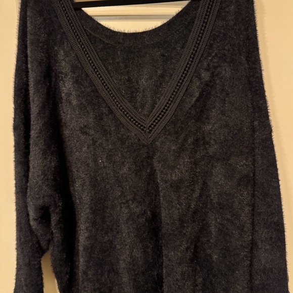 Cozy Black Fuzzy Deep-V Back Sweater, Soft Eyelash Knit - Picture 2 of 6